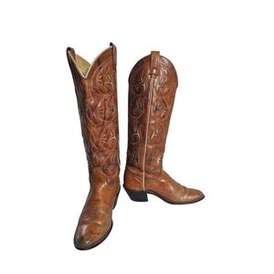 1970's ACME Tall Brown Floral Cowboy Boots 8 C